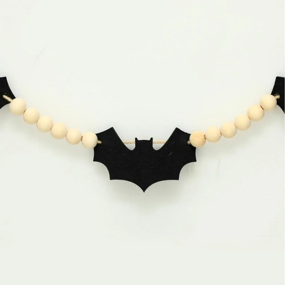 (Set of 4) Wooden Beaded Felt Bats Garland for Halloween Indoor/Outdoor Decor